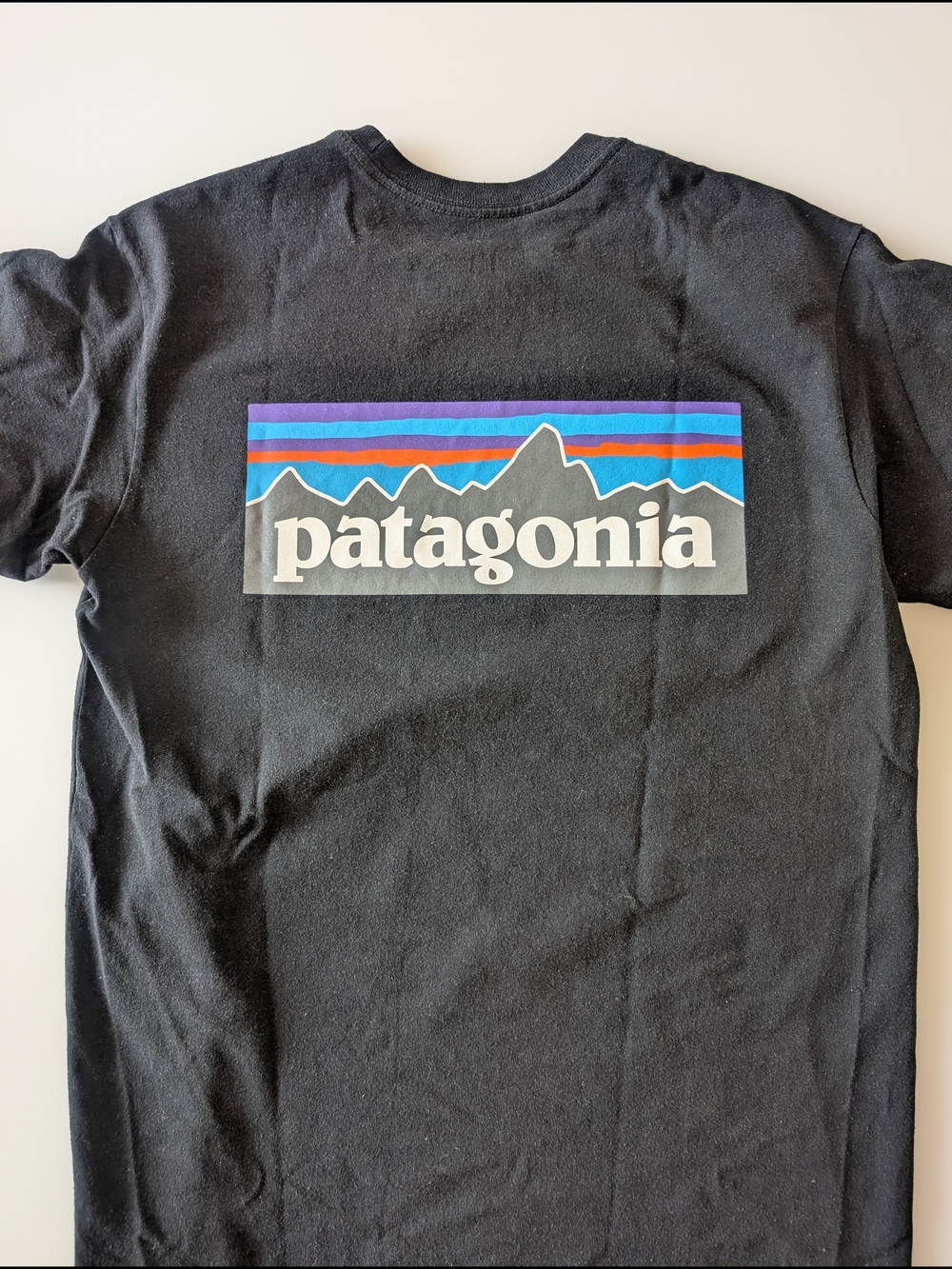 Patagonia Black Short Sleeve Tee with Multicolor Mountain Logo